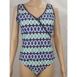 New Noon Swim Women's (16) Navy, Green, White, Blue Diamond Print One-Piece Swim